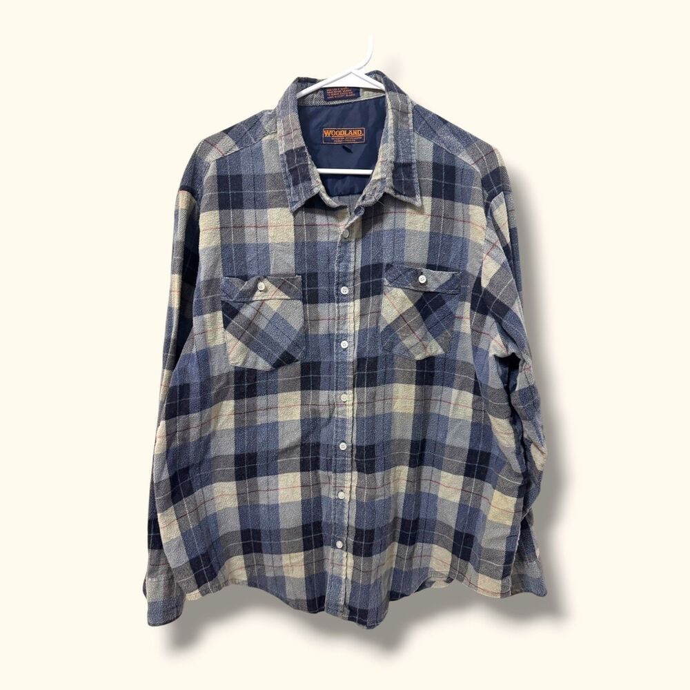 Woodland Shirt Men 2X Blue Cream Plaid Flannel Long Sleeve Button Up Perma-Press